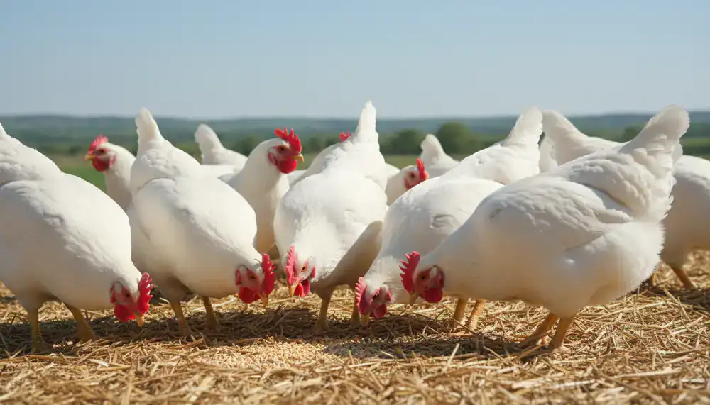 White Leghorn chickens feeding