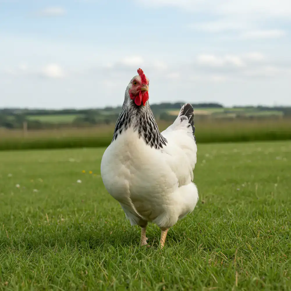 A proud Sussex hen standing on green pasture