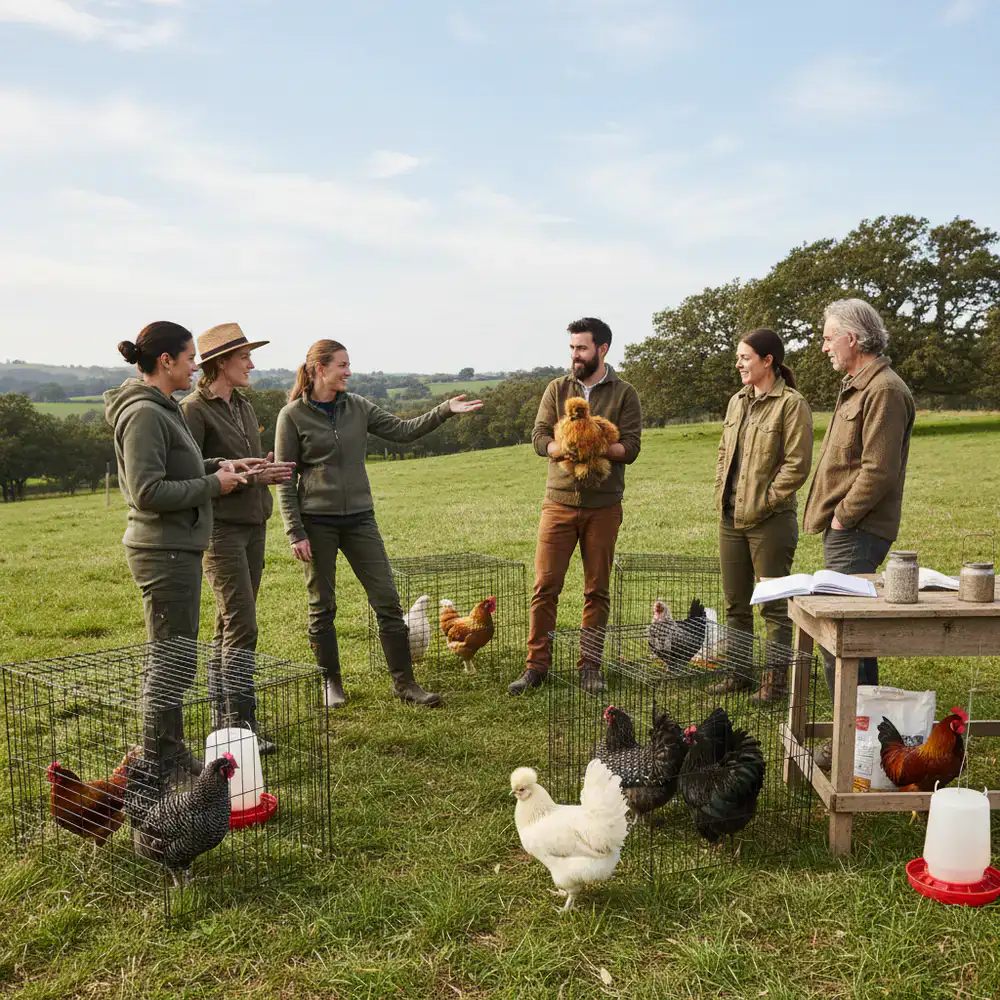 Club members discussing chicken breeds outdoors