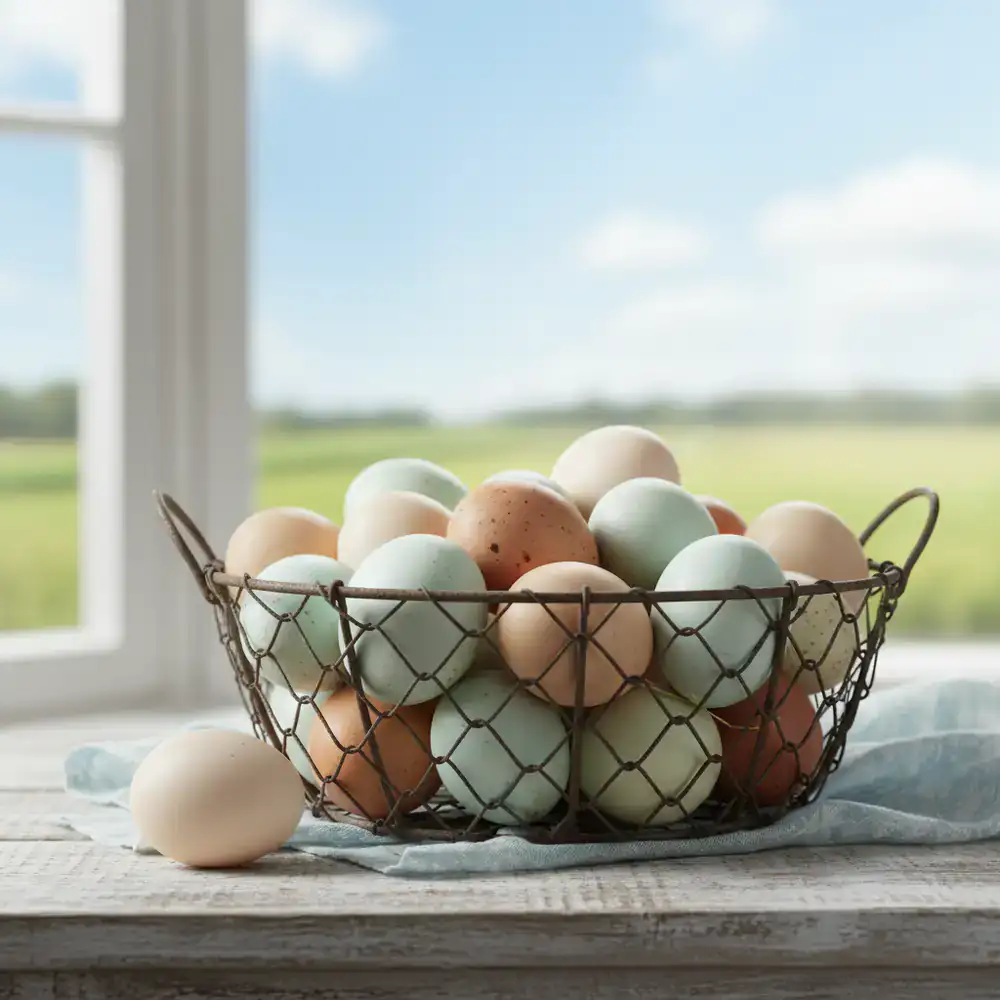 A wire basket full of colourful fresh farm eggs