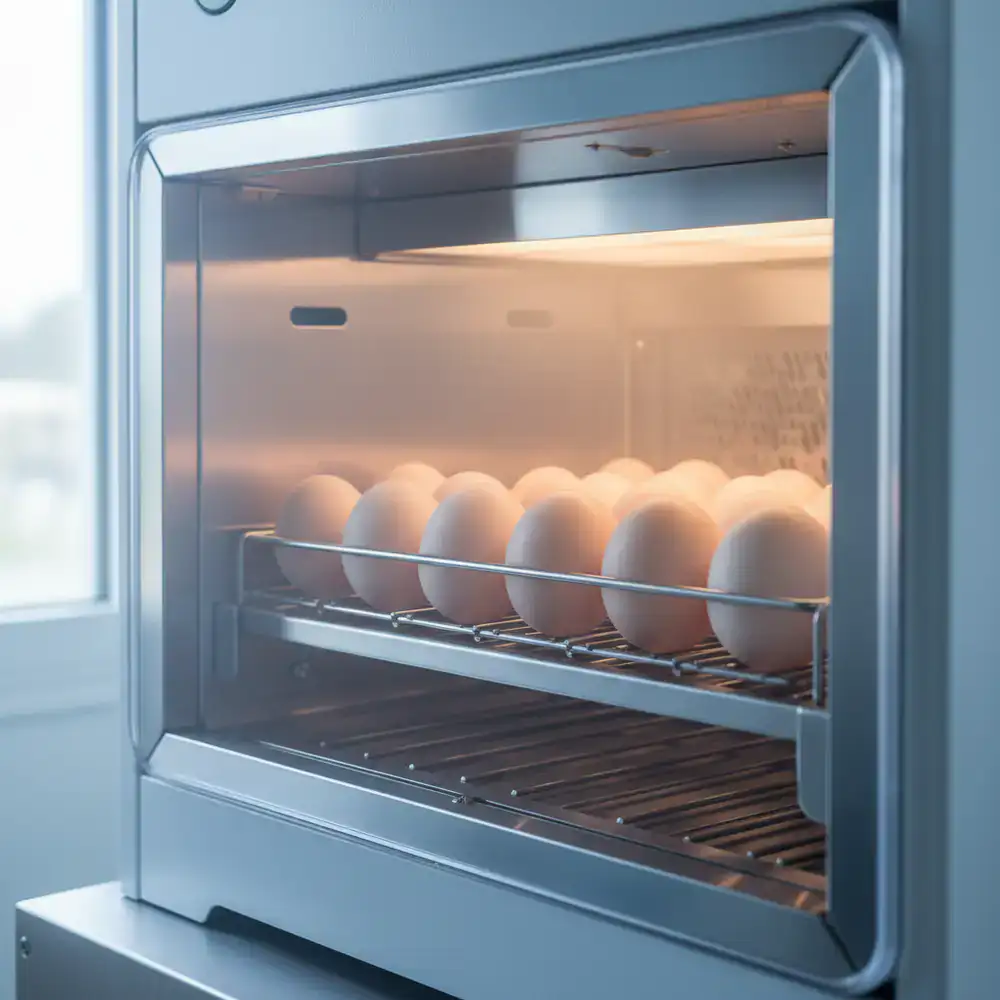 Close view of eggs inside a controlled incubator