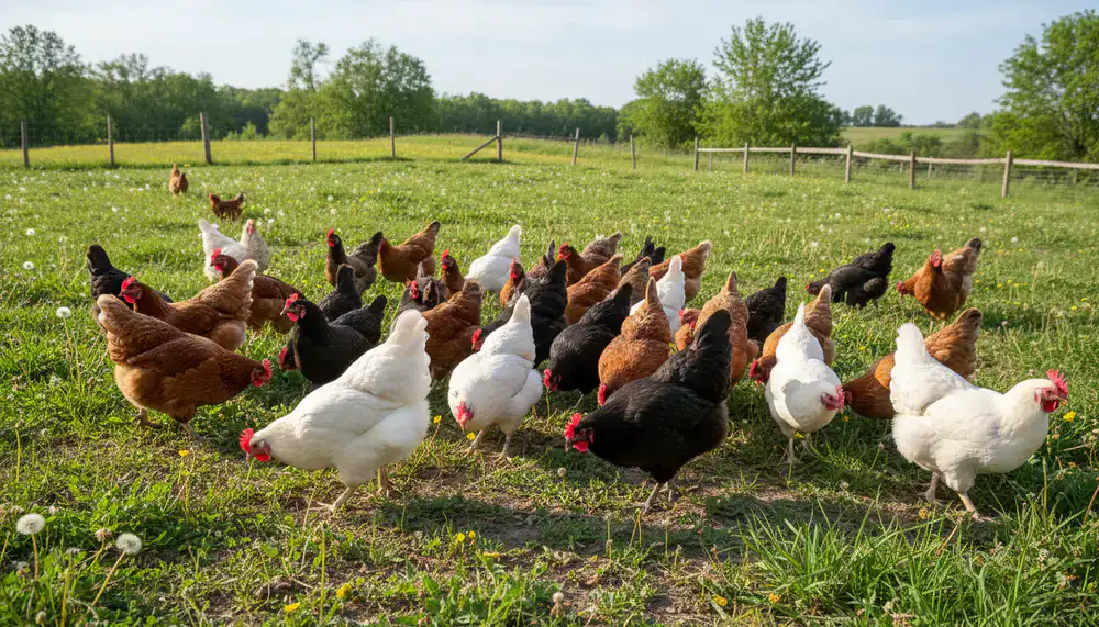 A healthy flock of diverse farm hens foraging outdoors