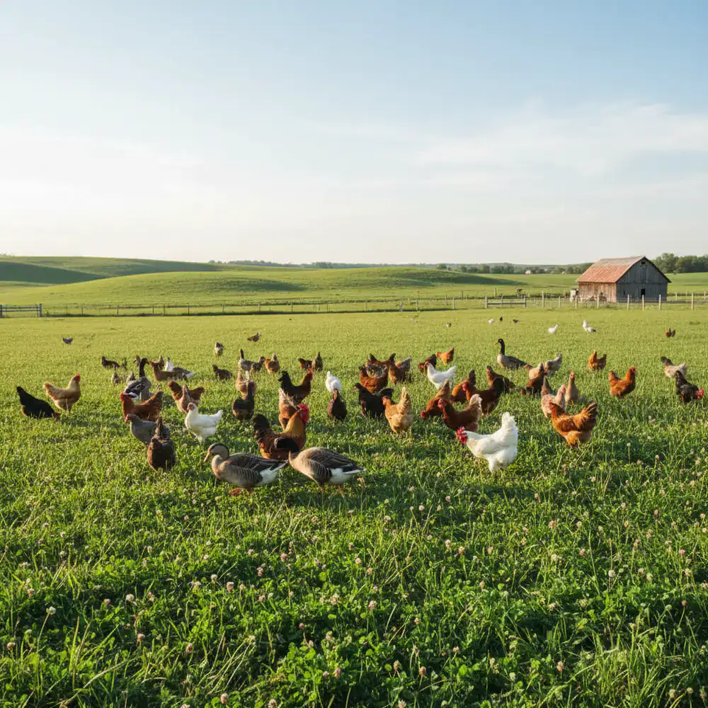 Flock of farm poultry in a clean pasture