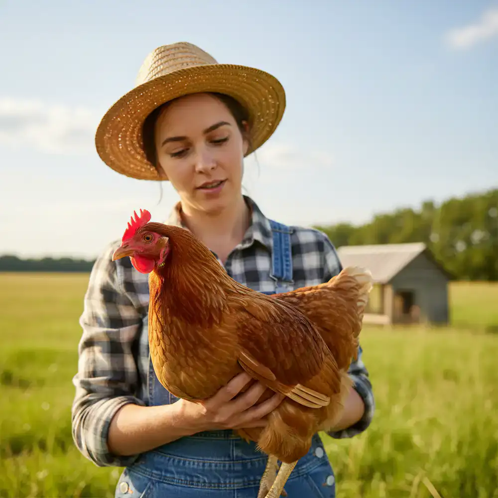 Member examining a healthy farm hen outdoors