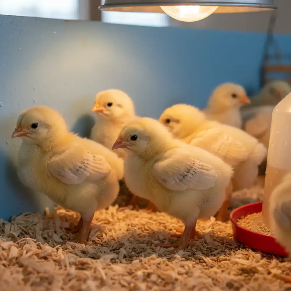 Close up of healthy chicks in a brooder