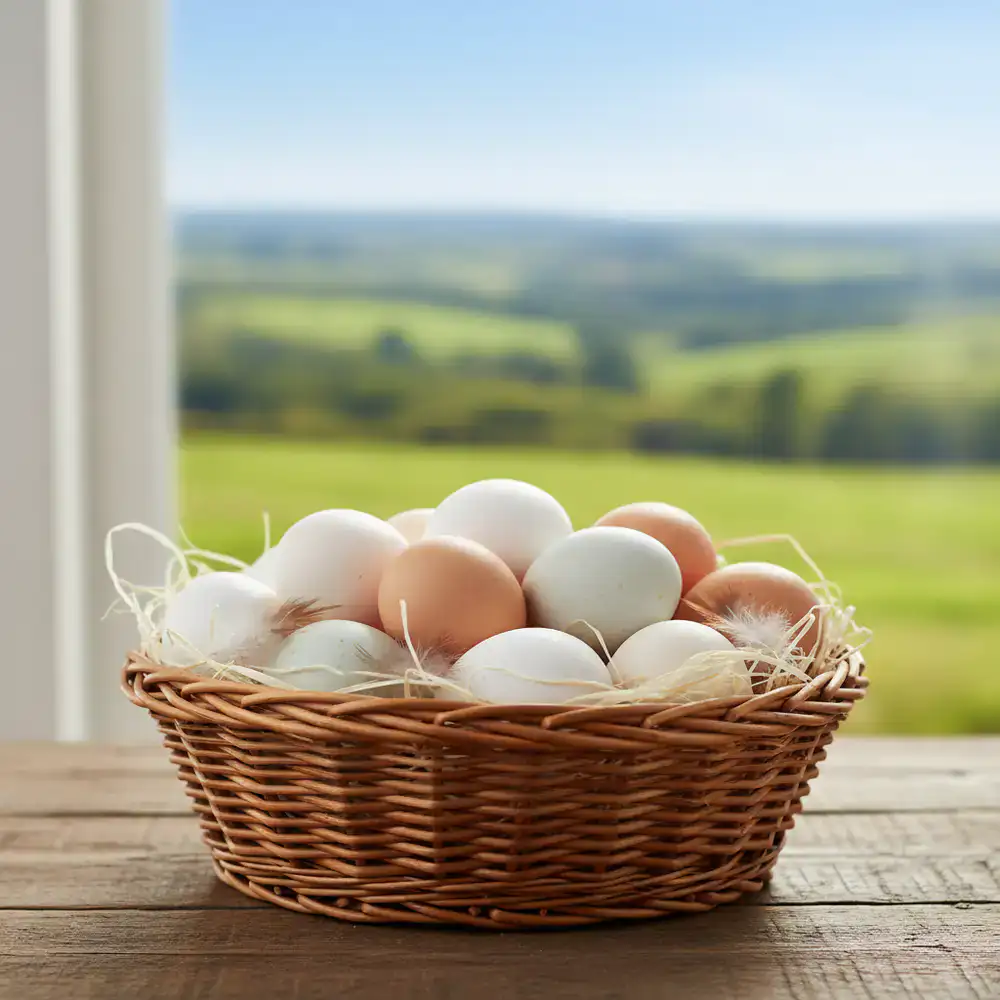Freshly collected farm eggs in a basket