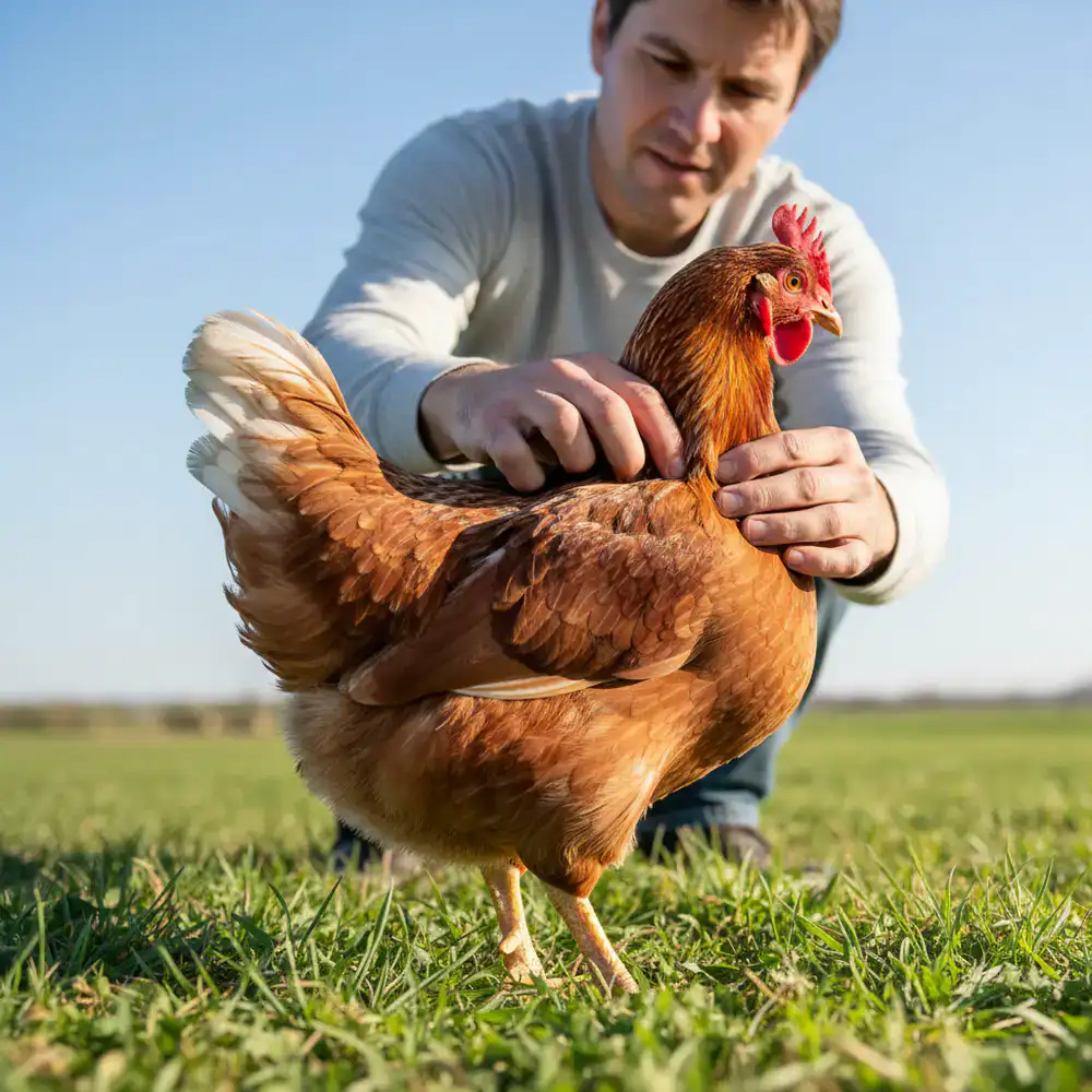 Person inspecting a chicken's feathers